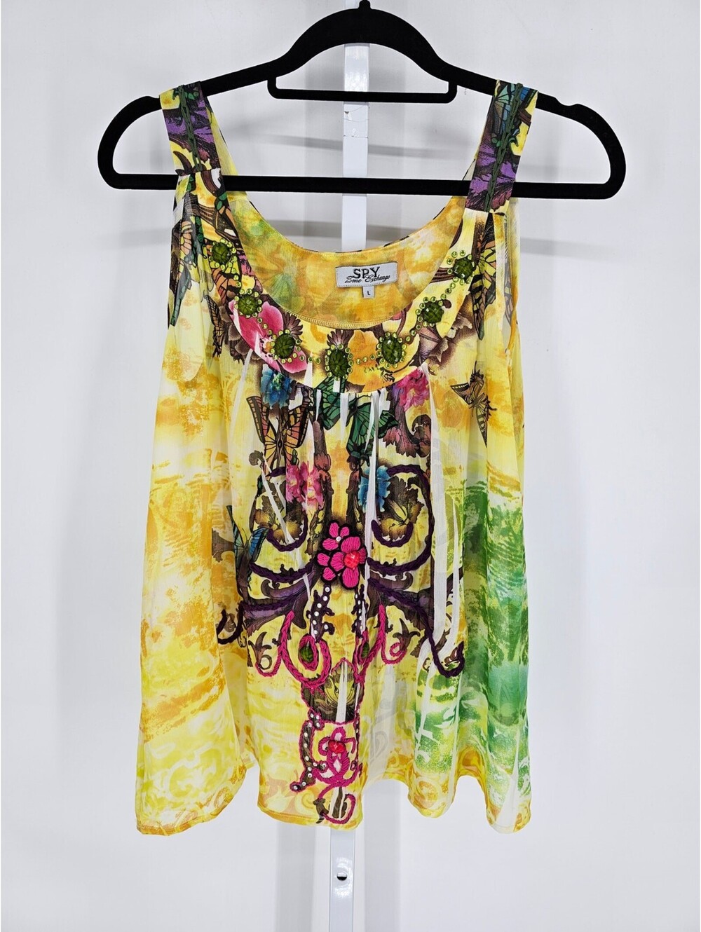 Spy Zone Exchange Womens Sz L Sleeveless Blouse Bright Yellow Butterfly Floral